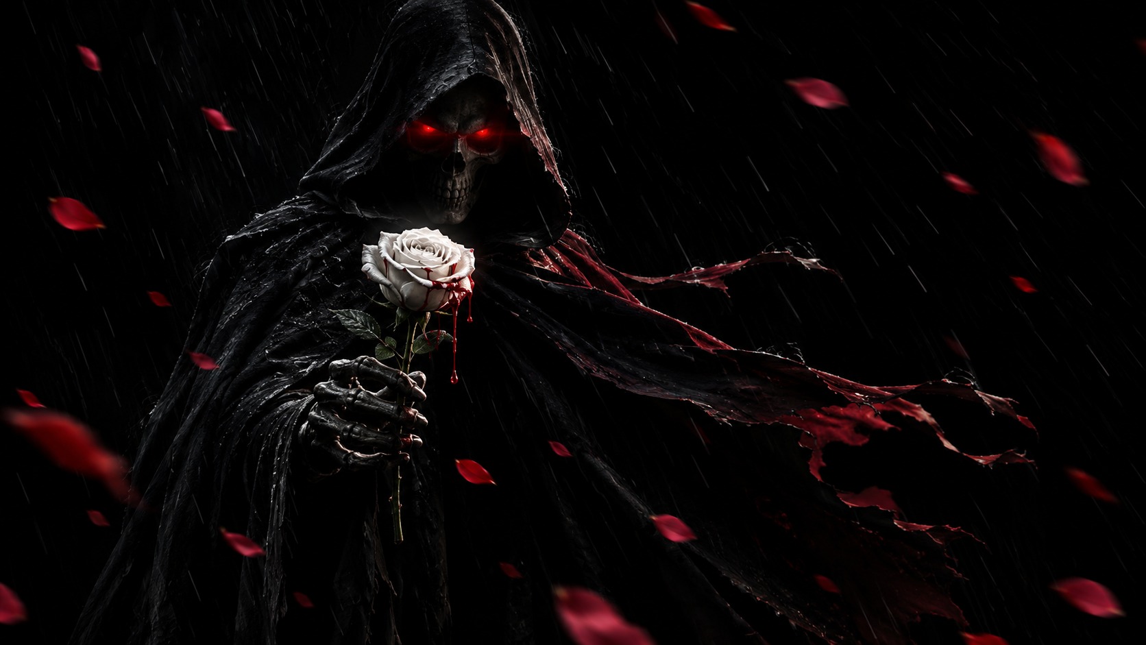 A hooded reaper holding a blood-streaked white rose in the rain